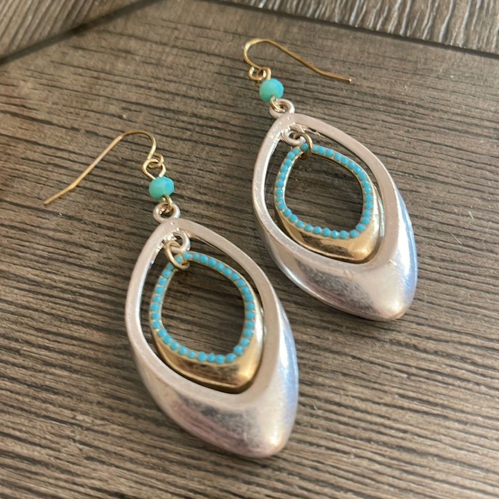 Two-tone Dangle Earrings with Turquoise Colored Accents